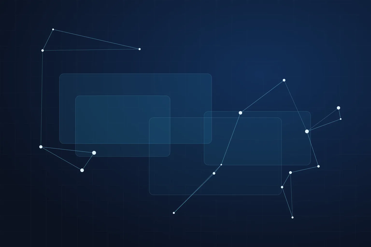 Abstract navy and sky-blue illustration of connected nodes and layered translucent planes